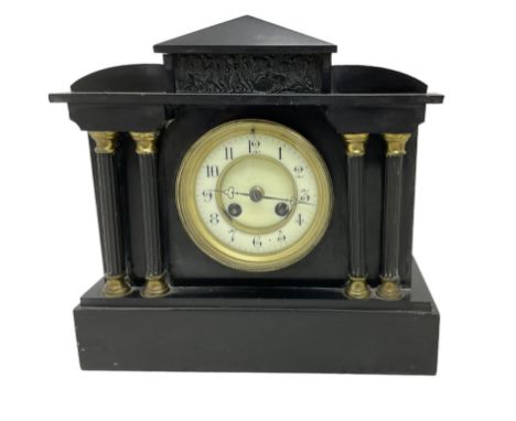 French - late 19th century 8-day mantle clock in a Belgium slate case, with an architectural pediment and classical relief fr