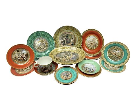 19th century Prattware table ware to include an oval footed dish decorated with a scene after Landseer 'Highland Music', reta