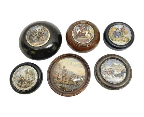 Six framed Prattware pot lids comprising 'Bear, Cock & Lion', 'Bear on Rock', 'Alas! Poor Bruin', ' Lady, Boy and Goats', 'Th