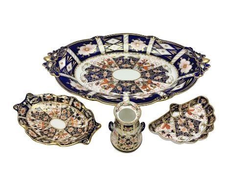 Royal Crown Derby 2451 Imari pattern oval dish of lobbed form together with two trinket dished and miniature milk churn, larg