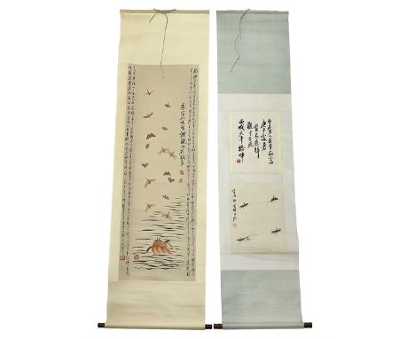Two 20th century Japanese kakemono, the first example depicting dragonflies, the second decorated with locusts and mantes 