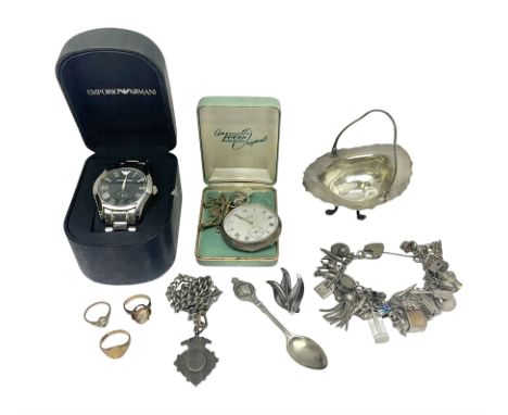 Silver bon bon dish, three 9ct gold rings, silver charm bracelet, silver Benson pocket watch, other silver jewellery and a si