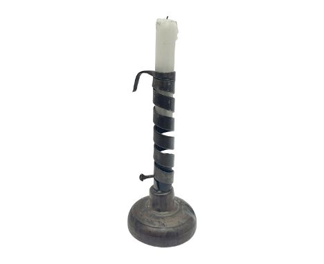 18th century spiral rat de cave candlestick on domed wooden base, H20cm