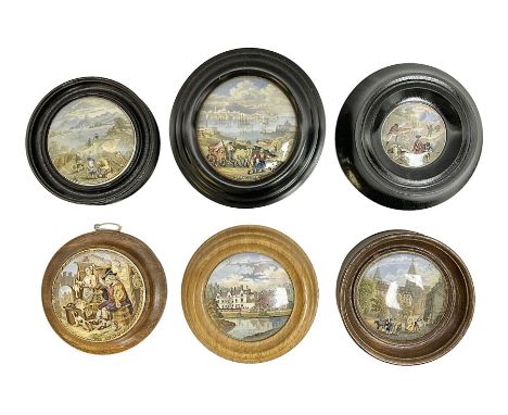 Six framed Prattware pot lids comprising 'Harbour of Hong Kong', 'Sandringham the Seat of HRH The Prince of Wales', 'Sebastop