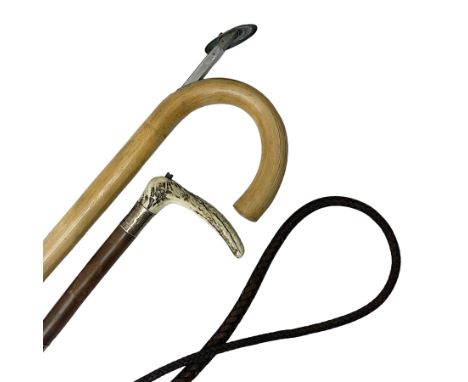 Late Victorian leather hunting whip, with antler handle and presentation engraving to hallmarked silver collars, together wit