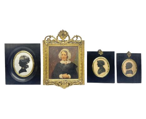 19th century oil on board, depicting an older female in black robes and lace bonnet and collar, in gilt frame, together with 
