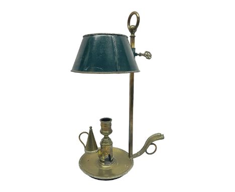 19th century brass Bouillotte candle lamp with adjustable green tole painted shade, with a circular base and snuffer, H36cm