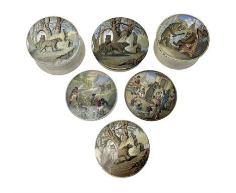 Six 19th century Prattware pot lids comprising 'The Village Wakes', three 'Bear on Rock', 'Shooting Bears' and 'Bear, Lion an