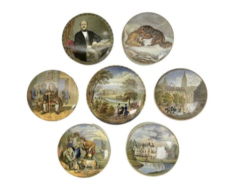 Seven 19th century Prattware pot lids with associated bases, including 'The Snow Drift', 'Strathfieldsaye The Seat of the Duk