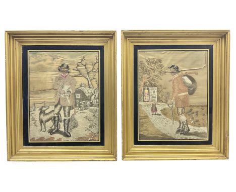 Pair of mid 19th century woolwork pictures on silk, the first depicting a shepherd coming home to be greeted by his child and