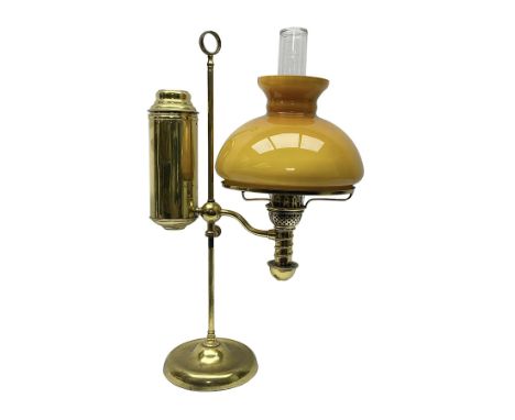 Brass adjustable student's oil lamp, with yellow glass shade, H52cm