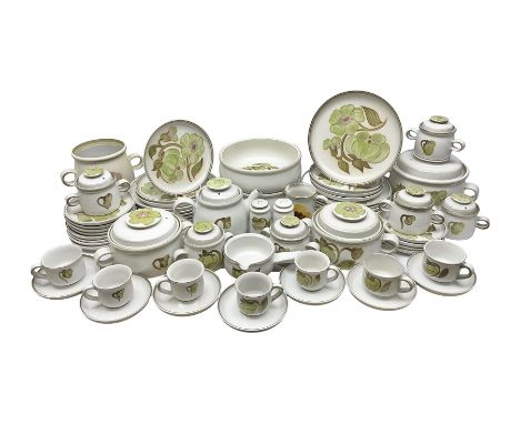 Denby Troubador pattern tea and dinner service, including eleven dinner plates, six side plates, teapot, jug, seven teacups a
