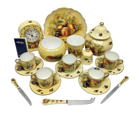 Aynsley Orchard Gold five coffee cans and saucers, mantel clock, plate etc 