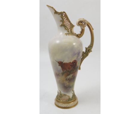 A Royal Worcester ewer, hand painted to the front with two Highland cattle in a landscape, with shot silk colours to the pier