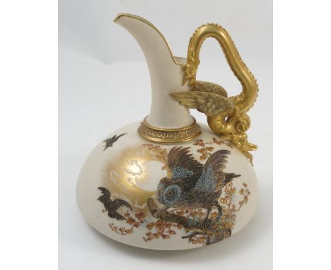 A Royal Worcester ivory ewer, with gilt winged beast handle, decorated with a moon, owl on branch and other birds, shape numb