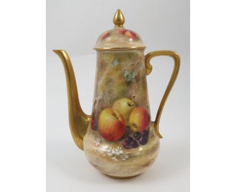 A Royal Worcester miniature coffee pot, decorated with hand painted fruit to a mossy background by Ricketts, circa 1919