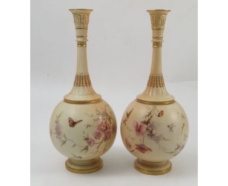 A pair of Royal Worcester blush ivory vases, the bodies decorated with flowers and insects, monogrammed ER for Edward Raby, w