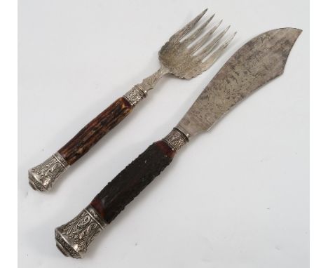 A set of six David Anderson silver gilt and enamel coffee spoons, together with a pair of Victorian fish servers, with engrav
