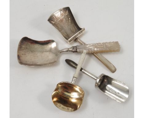 A Georgian silver shovel caddy spoon, with turned bone handle and gilt wash silver bowl, Birmingham 1811, maker JW, together 