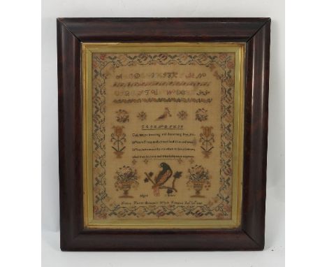 A 19th century tapestry sampler, of alphabet and verse with birds and flowers, by Louise Fanny Briscoe, dated 1847, in swept 