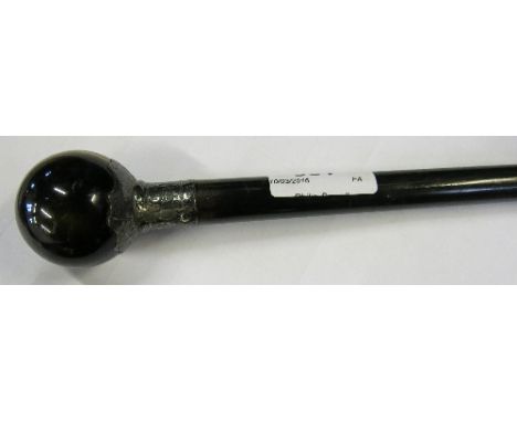 A Victorian walking stick, the stained hardwood shaft having a hallmarked silver collar, with engraved scrolls and initials, 