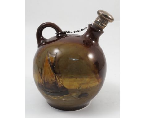 A Royal Doulton stoneware flask, decorated with a portrait of a fisherman and a shipping scene, signed Noke, with hallmarked 