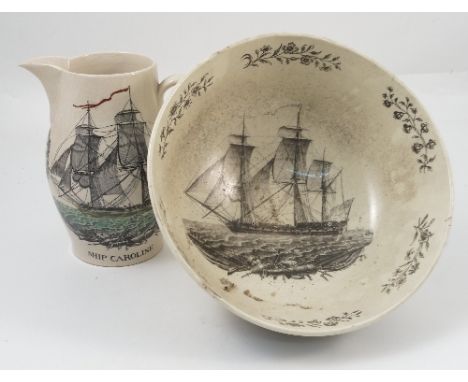 A 19th century creamware jug, printed with a three masted ship titled Ship Caroline, the reverse with The Shipwright`s Arms, 