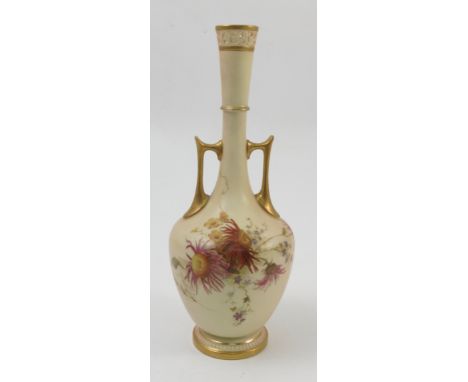 A Royal Worcester blush ivory twin handled vase, decorated with flowers to a pierced collar, shape number 850, circa 1896, he