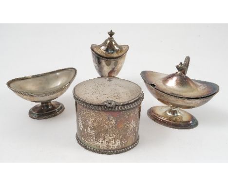 A silver plated three piece condiment set, comprising open salt, covered mustard and pepper pot, of oval form and raised on a