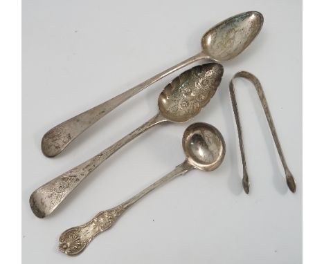 A Georgian silver basting spoon, engraved with initials, London 1809, together with a pair of Georgian silver sugar tongs wit