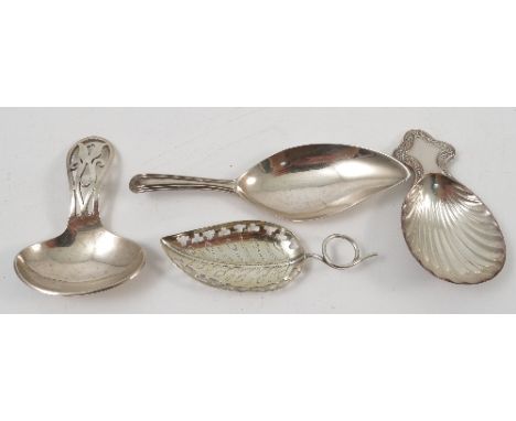A Georgian silver caddy spoon, with leaf shape bowl and reeded handle, London 1797, together with another caddy spoon with pi