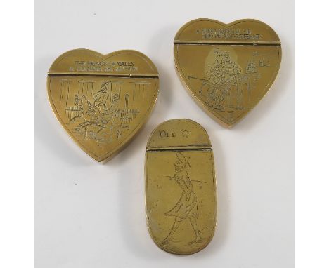 A 19th century brass snuff box, the hinged lid engraved with Old Q and a man in a frock coat, width 4ins together with two la