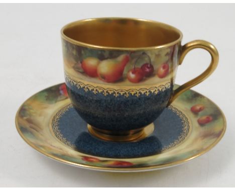 A Royal Worcester miniature cabinet cup and saucer, decorated with a band of fruit to a mossy background by W Bee, with mottl