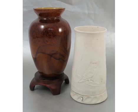 An Art glass lamp, of vase form, decorated in brown and orange, height 8.5ins, together with a white porcelain cylindrical la