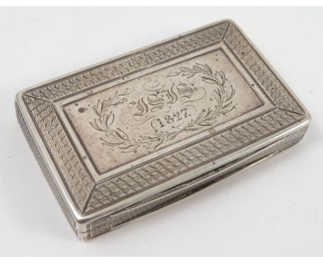 A Georgian silver snuff box the cover with engine turned border, engraved with initials and date 1827, Birmingham 1827, maker