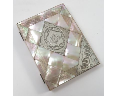 A Victorian mother of pearl ladies case, the one side with large silver diamond panel and corner silver panel engraved with i