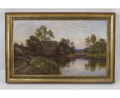 Alfred A Glendening, oil on canvas, Wade Mill Herts, mother and child with ducks by a mill pond with buildings, 12ins x 20ins