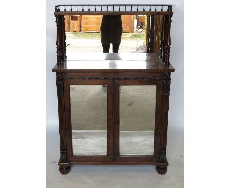 A 19th century rosewood chiffonier, with mirror back and galleried shelf over, fitted two mirror doors below, raised on reede