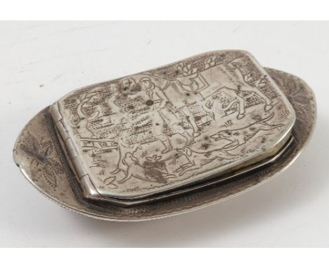 A George III silver barge shaped snuff box, the hinged cover engraved with huntsman, horse and hounds, Birmingham 1812, maker