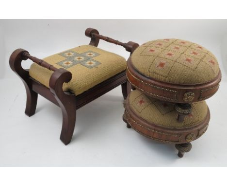 A pair of 19th century walnut veneered circular foot stools, with tapestry domed tops, the sides with gilt metal bead and flo