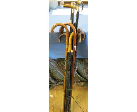 A collection of walking sticks and umbrellas, to include silver mounted examples, and a Henry Wilkinson bamboo sword stick 