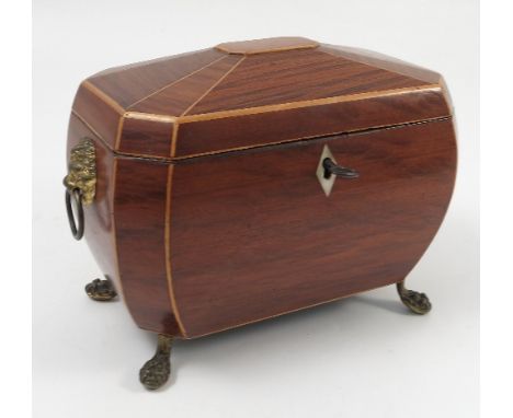 A Georgian partridge wood tea caddy, of bombe form, with satinwood stringing, the interior fitted with two covered compartmen