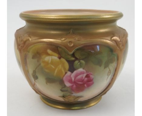 A Royal Worcester vase, decorated with four panels of roses to a shot silk border, shape number F132, dated 1908, height 3.25