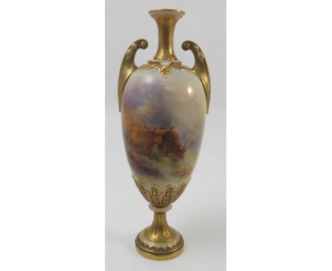 A Royal Worcester twin handled vase, decorated to the front with Highland cattle by Harry Stinton, to gilt neck and handles, 