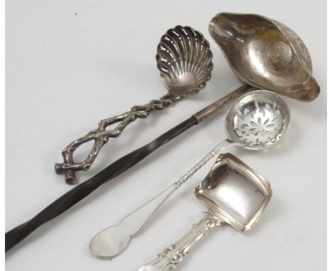 A Georgian silver caddy spoon, with rectangular bowl and scroll handle, Birmingham 1845, together with a hallmarked silver si