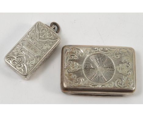 A Victorian silver snuff box, of rectangular form with engraved decoration, London 1873, maker Thomas Whitehead, together wit