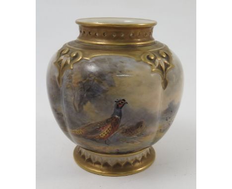 A Royal Worcester quarter lobed vase, decorated with pheasants by Jas Stinton, to a pierced neck, shape number H278, circa 19