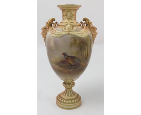 A Royal Worcester pedestal vase, hand painted to the front with cock and hen pheasant in landscape by Jas Stinton, to a blush