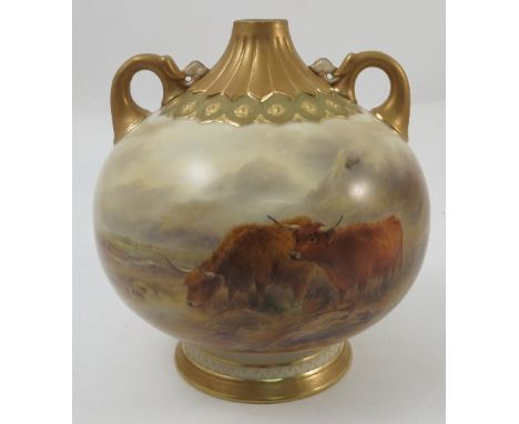 A Royal Worcester vase, with cut down neck, hand painted to the front with two Highland cattle in a landscape by John Stinton