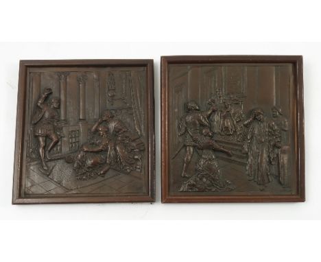 Four framed embossed metal plaques, to include a pair of Elizabethan style court interior scenes, 6.5ins x 6.5ins, another of